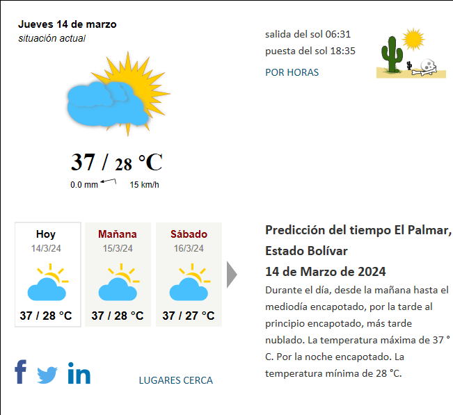 Tiempo El Palmar Estado Bol var Venezuela Hoy actual